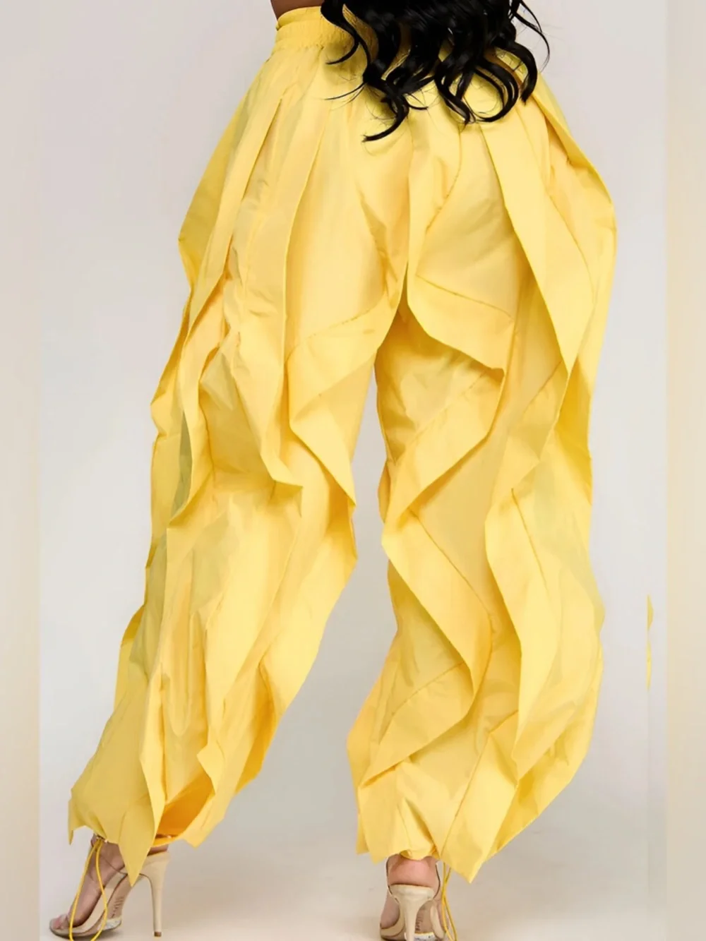 Yellow Ruffle Wide-Leg Wavy Drawstring Pants - Picture 4 of 16
